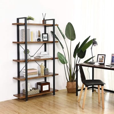 Parya Home - Houten Boekenrek - Met 5 planken - Industrieel - Vintage - Hout/Metaal - Bruin/Zwart