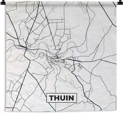 Wandkleed - Wanddoek - Stadskaart – Plattegrond – België – Zwart Wit – Thuin – Kaart - 180x180 cm - Wandtapijt