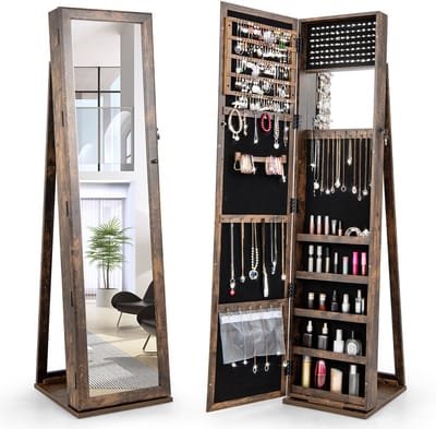 COSTWAY Sieradenkast, spiegelkast met full-body spiegel en ingebouwde make-upspiegel, afsluitbaar, staand, sieradenopslag, sieradenorganizer