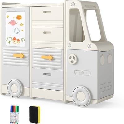 COSTWAY Speelgoedrek voor in de auto, kinderrek in busvorm met whiteboard, 4 laden en kasten, boekenrek voor kinderen, kinderkamerrek voor het opbergen van speelgoed, 111 x 34 x 94 cm