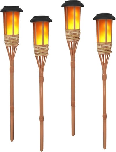 Knipperende Vlam Zonne Lampen - 4 Stuks Tuinverlichting met Bamboe Design