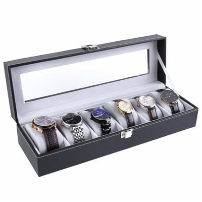 Happyment Horlogesbox deluxe - 6 stuks - Horlogedoos Opbergbox - Sieradendoos - Hout, leer & fluweel - Dames & heren - Zwart
