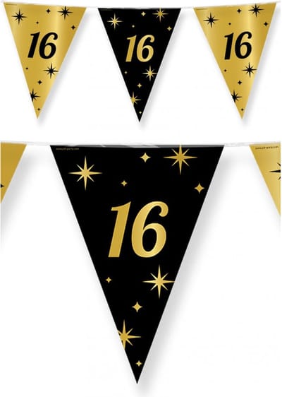Vlaggenlijn 16 jaar - Vlaggetjes - Verjaardag - Sweet 16 - Versiering - Decoratie - Jongens - Meisjes - Folie - zwart - goud