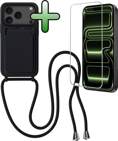 Hoes Geschikt voor iPhone 17 Pro Max / 18 Pro Max Hoesje Pas Houder Case Hoes Met Koord Met Screenprotector - Hoesje Geschikt voor iPhone 17 Pro Max / 18 Pro Max Hoes Met Telefoonkoord Pasjeshouder Cover - Zwart