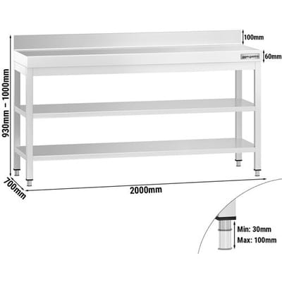 GGM Gastro Edelstahl Arbeitstisch PREMIUM - 2000x700mm - mit Grundboden, Aufkantung & Zwischenboden Zilver