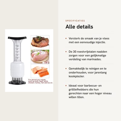 Dailygoods- Marinade Injector Hoge Kwaliteit - Vleesmarinade Injectiespuit - Roestvrij Staal - 30 Naalden - Duurzaam - Veilig en Eenvoudig Schoon te Maken - Vleesinjector