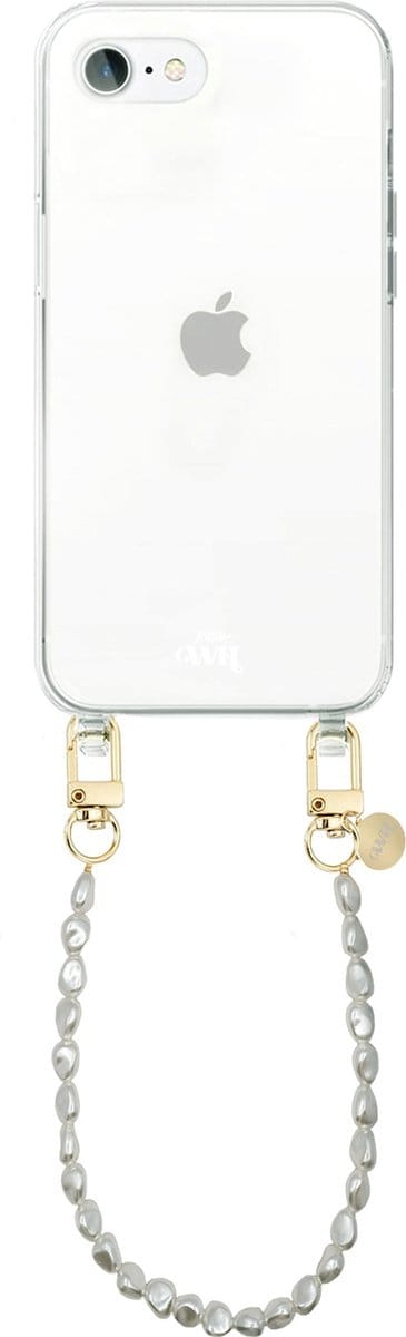 xoxo Wildhearts siliconen hoesje - Geschikt voor iPhone 7/8 Plus - Pearlfection - Telefoonhoesje - Hoesje met koord - Parelketting - kort telefoonkoord - Transparant hoesje (korte variant)
