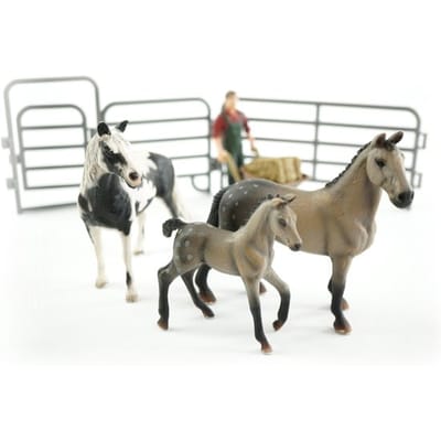 JollyHorses: Quarter Horse Bay + Palomino paard + veulen + hek + boer + accessoires (handgeschilderd)
