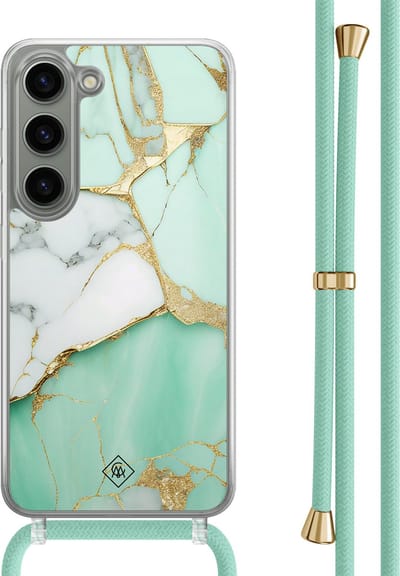 Casimoda® hoesje met mintgroen koord - Geschikt voor Samsung S23 - Marmer Mintgroen - Afneembaar koord - TPU/polycarbonaat - Mint