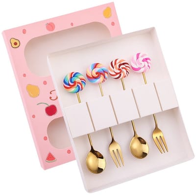 ZoeZo Design - Gift Set - 4 stuks - 2 gebaksvorkjes - 2 theelepeltjes - Lollipops - cadeauverpakking - snoep - roze
