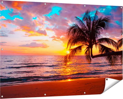 Gards Tuinposter Tropisch Strand tijdens Zonsondergang - 150x100 cm - Tuindoek - Tuindecoratie - Wanddecoratie buiten - Tuinschilderij