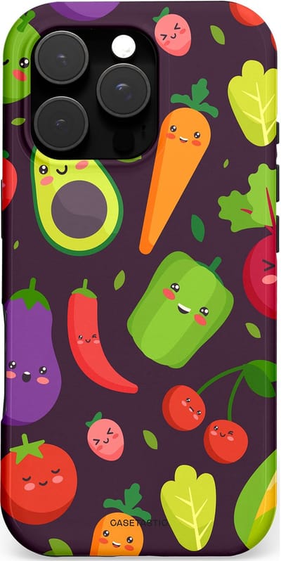 Casetastic hoesje geschikt voor Apple iPhone 16 Pro - MagSafe - Dubbellaagse bescherming - Vrolijke Groentevrienden - Fashion Case - Zwart Groen Rood Geel