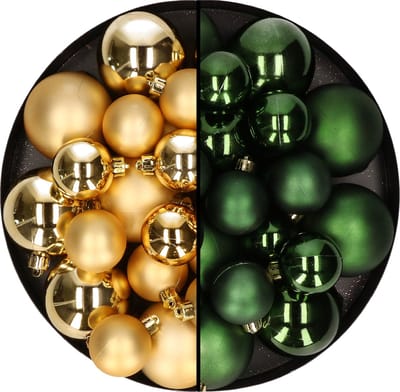 Kerstversiering kunststof kerstballen kleuren mix donkergroen/goud 4-6-8 cm pakket van 68x stuks