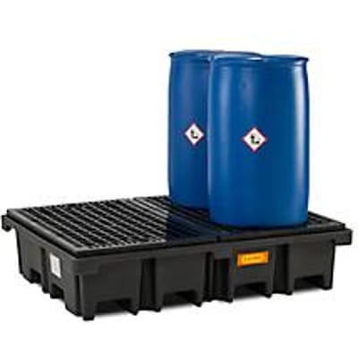 PE palletschacht CEMO 425/4 voor 2 Euro-pallets overdwars, L 1670 x B 1270 x H 390 mm, 425 l, voor 4 x 200 l vaten, PE rooster