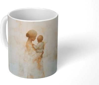 Mok - Koffiemok - Kind - Moeder - Waterverfschilderij - Mokken - 350 ML - Beker - Koffiemokken - Theemok