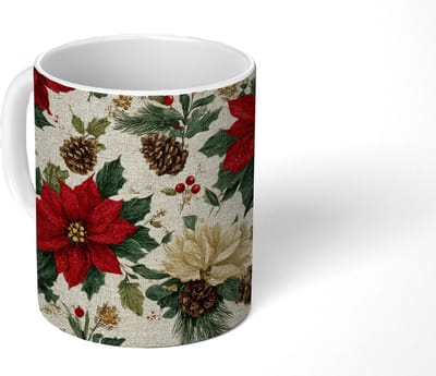 Mok - Koffiemok - Feestelijk - Textielpatroon - Kerstbloemen - Kleurrijk - Mokken - 350 ML - Beker - Koffiemokken - Theemok