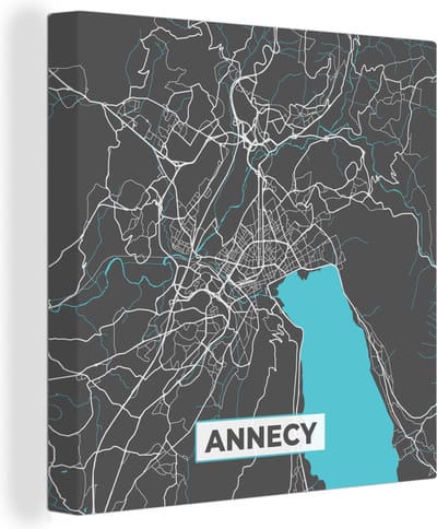 Canvas Schilderij Plattegrond - Annecy - Kaart - Stadskaart - Frankrijk - 20x20 cm - Wanddecoratie