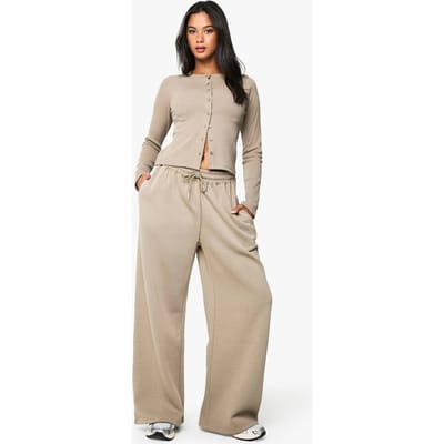 boohoo Dames Geribbelde top met doorlopende knoopsluiting en lange mouwen en jogger trainingspak | Gewassen Kaki | Maat: Large