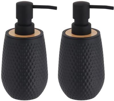 Tendance zeeppomp honeycomb - 2x - zwart - 280 ml - D8 x H17 cm - rubber/bamboe - zeep dispenser