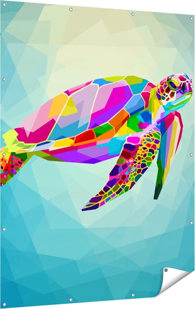 Gards Tuinposter Kleurrijke Schildpad in het Water - 120x160 cm - Tuindoek - Tuindecoratie - Wanddecoratie buiten - Tuinschilderij