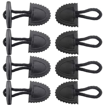 Zwarte kunstleren toggle sluiting set – jas knopen met lus en staafje – unisex – 4 stuks naaibare sluiting voor jas, vest en duffle coat – toggle knoop sluiting met koord en knoop
