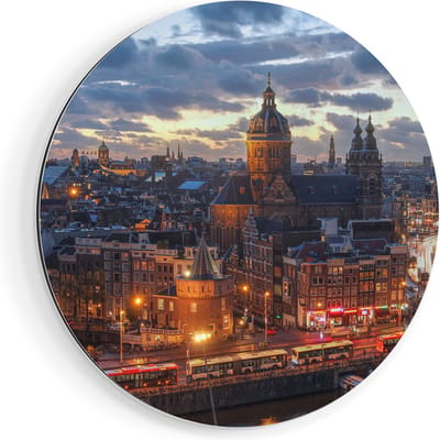 Artaza Dibond Muurcirkel Amsterdam Centrum Luchtfoto Zonsondergang - Ø 50 cm - Klein - Wandcirkel - Rond Schilderij - Voor Binnen en Buiten