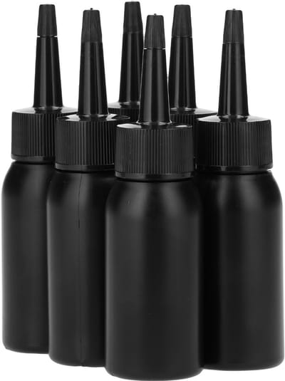 6 x 50 ml ronde fles HDPE zwart + doseer tuitdop knijpbaar zwart - BPA Vrij - Niet Breekbaar - Plastic Flesjes Navulbaar - Met Dop - Lege Flessen - 6 stuks.