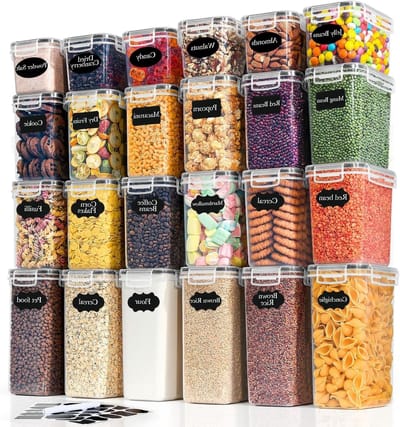 Set van 24 luchtdichte opbergcontainers met deksel, etiketten en markers - ideaal voor granen, bloem, cornflakes en suiker, BPA-vrij en vaatwasserbestendig