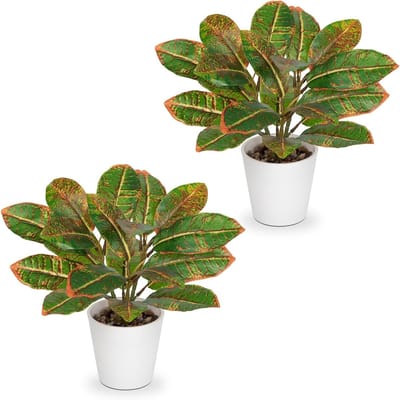 Set van 2 Nepplanten in Witte Potten, 25 cm Nep Croton Planten met Kleurrijke Bladeren voor Binnenhuisdecoratie en Tafels