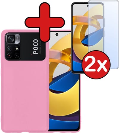 Hoesje - Met 2x Screenprotector - Geschikt voor Xiaomi Poco M4 Pro 5G - Sterk & Shockproof - Telefoon Hoes - Back Cover - Siliconen Case - Telefoonhoes - Lichtroze