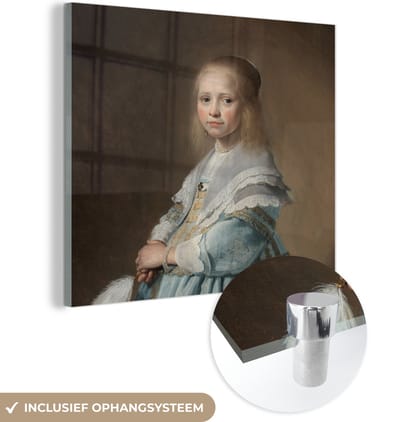 MuchoWow® Glasschilderij 50x50 cm - Schilderij acrylglas - Portret van een meisje in het blauw - Schilderij van Johannes Cornelisz. Verspronck - Foto op glas - Schilderijen