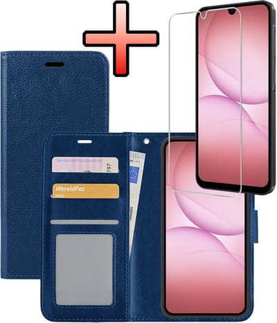 Hoesje - Met Screenprotector - Geschikt voor Samsung Galaxy A17 - Luxe Pasjeshouder - Bookcase Portemonee - Flip Case - Kunstleer Book Case - Flipcase - Book Cover - Walletcase - Portemonneehoes - Donkerblauw
