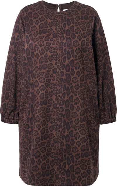 Studio Untold - Dames - Jurk oversized suède met luipaardpatroon ballonmouwen - Diep reebruin - Maat 42+