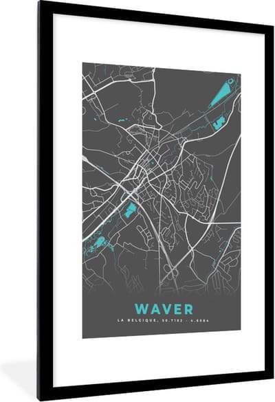 Fotolijst incl. Poster - Plattegrond – Waver – Blauw – Stadskaart - Kaart - 60x90 cm - Posterlijst