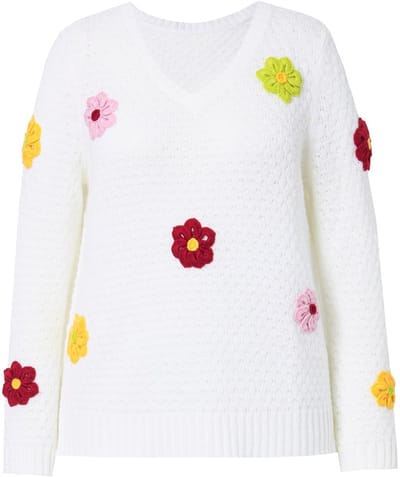 MIAMODA - Dames - Pullover classic fit 3D-bloemen zijsplitten - Off-white - Maat 54+