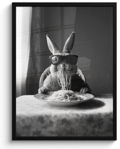 Poster in lijst - Fotolijst 50x70 cm - Posters - Konijn - Bunny - Zonnebril - Tafelkleed - Pasta - Schattig - Posterlijst zwart - Decoratie - Wanddecoratie woonkamer - Muurdecoratie slaapkamer