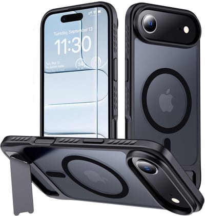Hoesje Geschikt voor Apple iPhone Air - Zwart - Casemania Magnetisch Matte Armor Back Cover met Kickstand - Geschikt voor MagSafe Draadloos Opladen - Telefoonhoesje met Handsfree Standaardfunctie