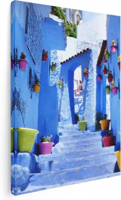 Artaza Canvas Schilderij Chefchaouen - 30x40 cm - Klein - Muurdecoratie Blauwe Stad - Wanddecoratie Steeg - Kamer Accessoires