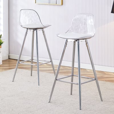Wishdor - Barkruk Met Rugleuning En Voetensteun - Ergonomisch, Krasbestendig En Roestbestendig - Modern - Voor Barruimte - Metaal En Kunststof - Zilver En Transparant - Belastbaar Tot 120 Kg