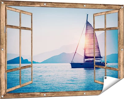 Gards Tuinposter Doorkijk Zeilboot bij Zonsondergang - 120x80 cm - Tuindoek - Tuindecoratie - Wanddecoratie buiten - Tuinschilderij