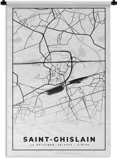 Wandkleed - Wanddoek - Zwart Wit – België – Plattegrond – Stadskaart – Kaart – Saint Ghislain - 120x180 cm - Wandtapijt