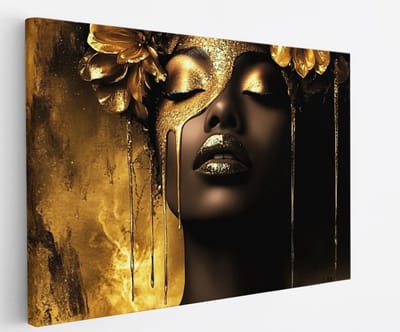 Saammp - Canvas Schilderij - Abstract - Afrikaanse Vrouw - Goude bloemen - 30x20 - Foto op canvas - Wanddecoratie - Muurdecoratie Woonkamer - Slaapkamer decoratie - Canvas Print
