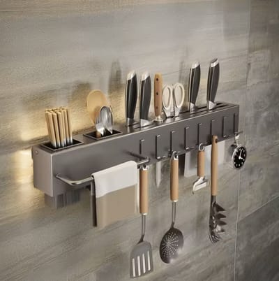 Flavers ® - Grijs - Keukenrek Hangend - ophangbaar - Kruidenrek - keukenrek - muur- roestvrij staal - kookrek - 50 cm - messenblok - wandrek - metaal - keuken organizer - aanrecht organizer - messenhouder - met of zonder boren