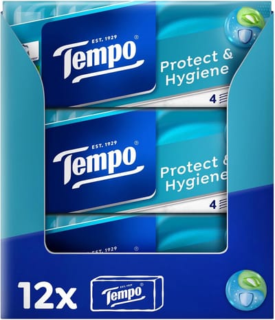 Tempo protect papieren zakdoeken met antibacteriële werking en aloë vera, wasmachinebestendig, 12 verpakkingen met elk 20 pakjes van 9 doeken