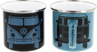 BRISA VW Collection - Volkswagen Set van 2 Geëmailleerde Koffie-Thee-Cappuccino-Kop-Mok-Haferl-Mok voor Camping & Buiten T1 Bus (350 ml x2/Zwart & Blauw)
