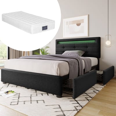 MEUNIQ eenpersoonsbed 90x200 cm met LED-hoofdbord, 2 lades, verstelbaar hoofdeinde en houten lattenbodem, gestoffeerd bedframe voor slaapkamer, zwart