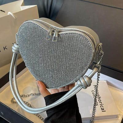 Glanzende Meisje Hartvormige Tas voor Vrouwen Nieuwe Mode Liefde Tas High-end Mode Ketting Schouder Crossbody Tas gray