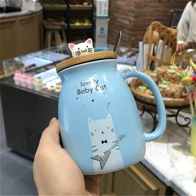 Hoge Schattige Kat Mok Waterbeker Creatieve Keramische Lepel Kantoor Thuisgebruik Mannen en Vrouwen Drinkwaterbeker About 450ml