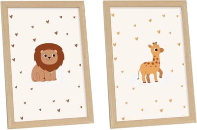 Deknudt Frames - ingelijste poster voor kinderkamer - 2 posters 20x30cm in naturel kader - giraf en leeuw - babykamer decoratie - dieren posters