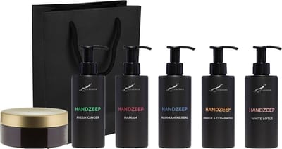 Handzeep Set - Fresh Ginger + Hamam + Hammam Herbal + Sweet Orange & Cedarwood + White Lotus en Scrubzout 300 gram - Claudius Cosmetics - bodycare - met luxe gift tas - set van 6 stuks - Cadeau - giftset voor hem en haar